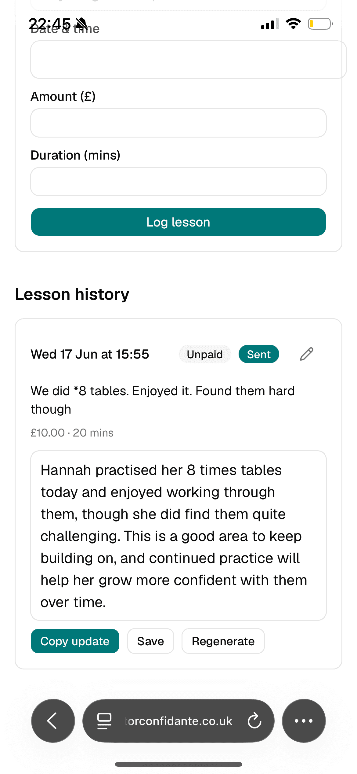 The generated parent update, with options to copy, save or regenerate.