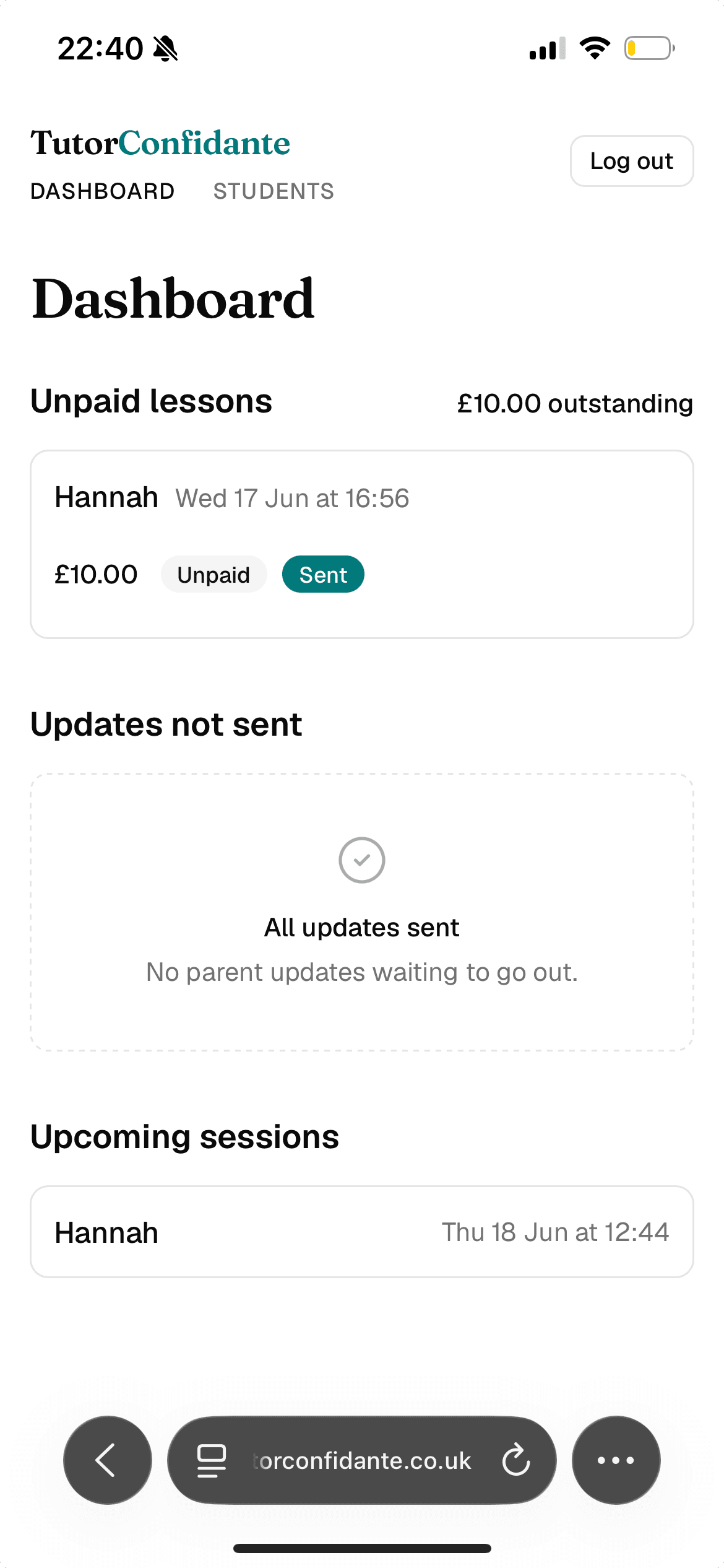 The dashboard tracking unpaid lessons, updates and upcoming sessions.